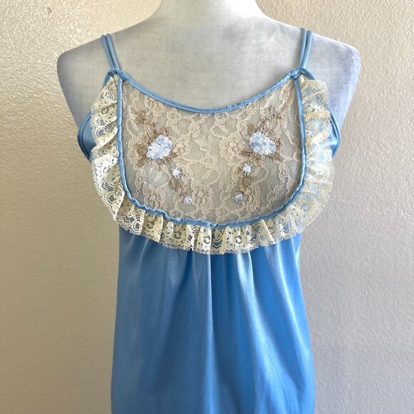 Mistra Vtg 80s Light Blue Ruffle Bibe Embroidered Floral Maxi Nightgown - Picture 2 of 8